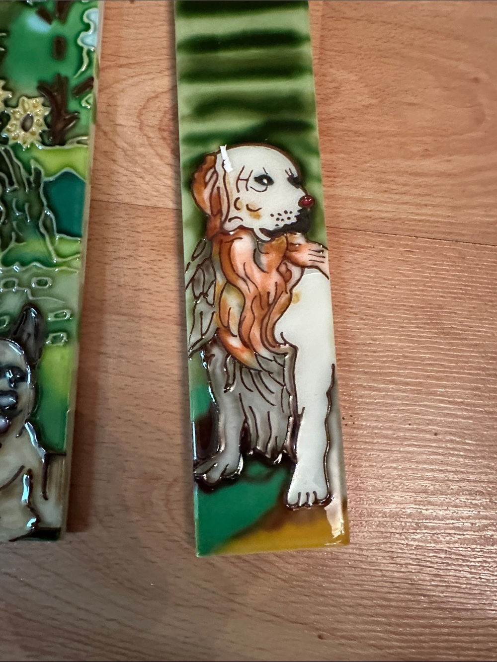 Handpainted Ceramic Dog Tile Pair in Green and Blue - Picture 4 of 5